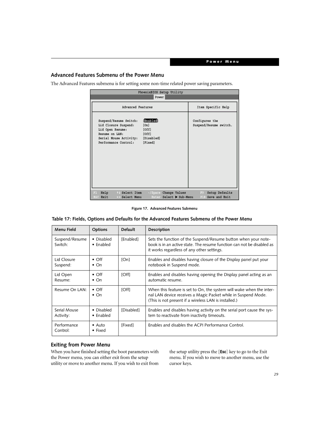 Fujitsu B2620 manual Advanced Features Submenu of the Power Menu, Exiting from Power Menu 