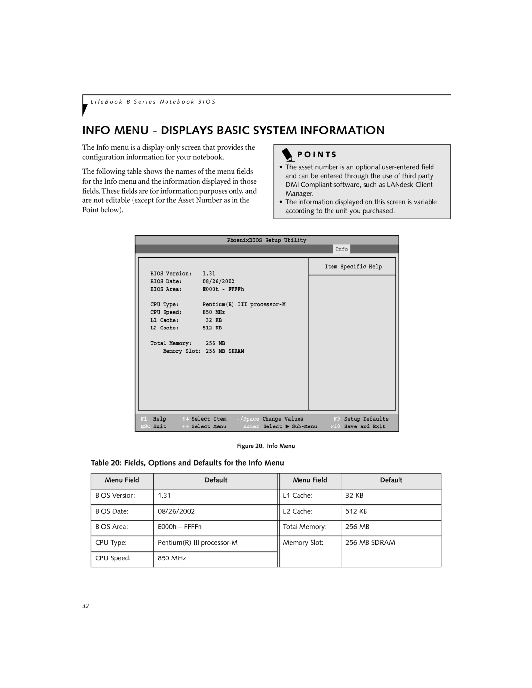 Fujitsu B2620 manual Info Menu Displays Basic System Information, Fields, Options and Defaults for the Info Menu 