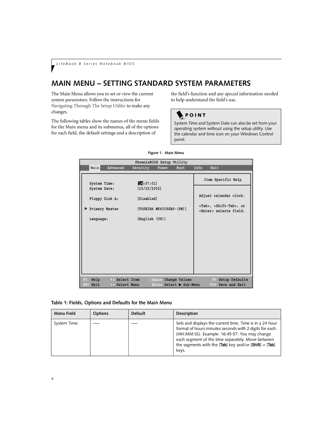 Fujitsu B2620 manual Main Menu Setting Standard System Parameters, Fields, Options and Defaults for the Main Menu 