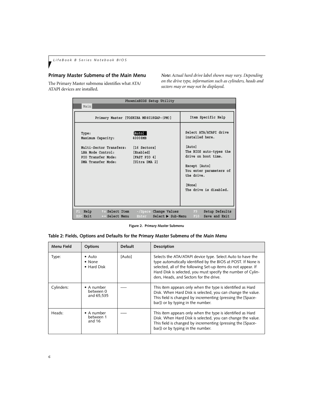 Fujitsu B2620 manual Primary Master Submenu of the Main Menu, Exit 