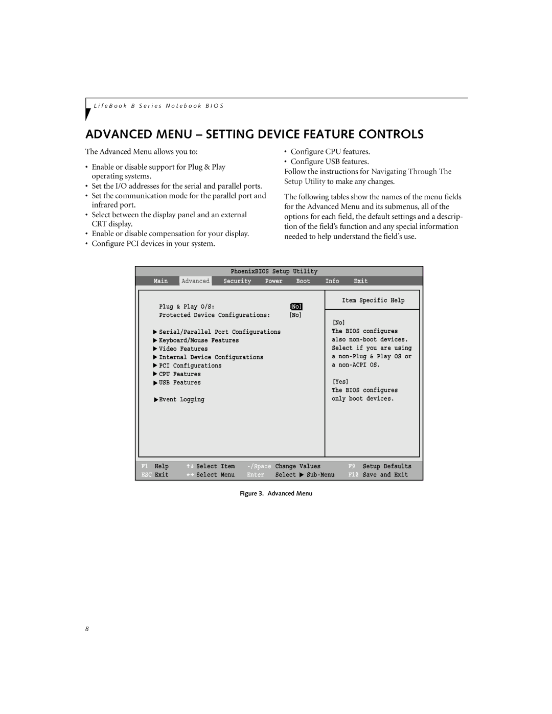 Fujitsu B2620 manual Advanced Menu Setting Device Feature Controls, Boot Info Exit 