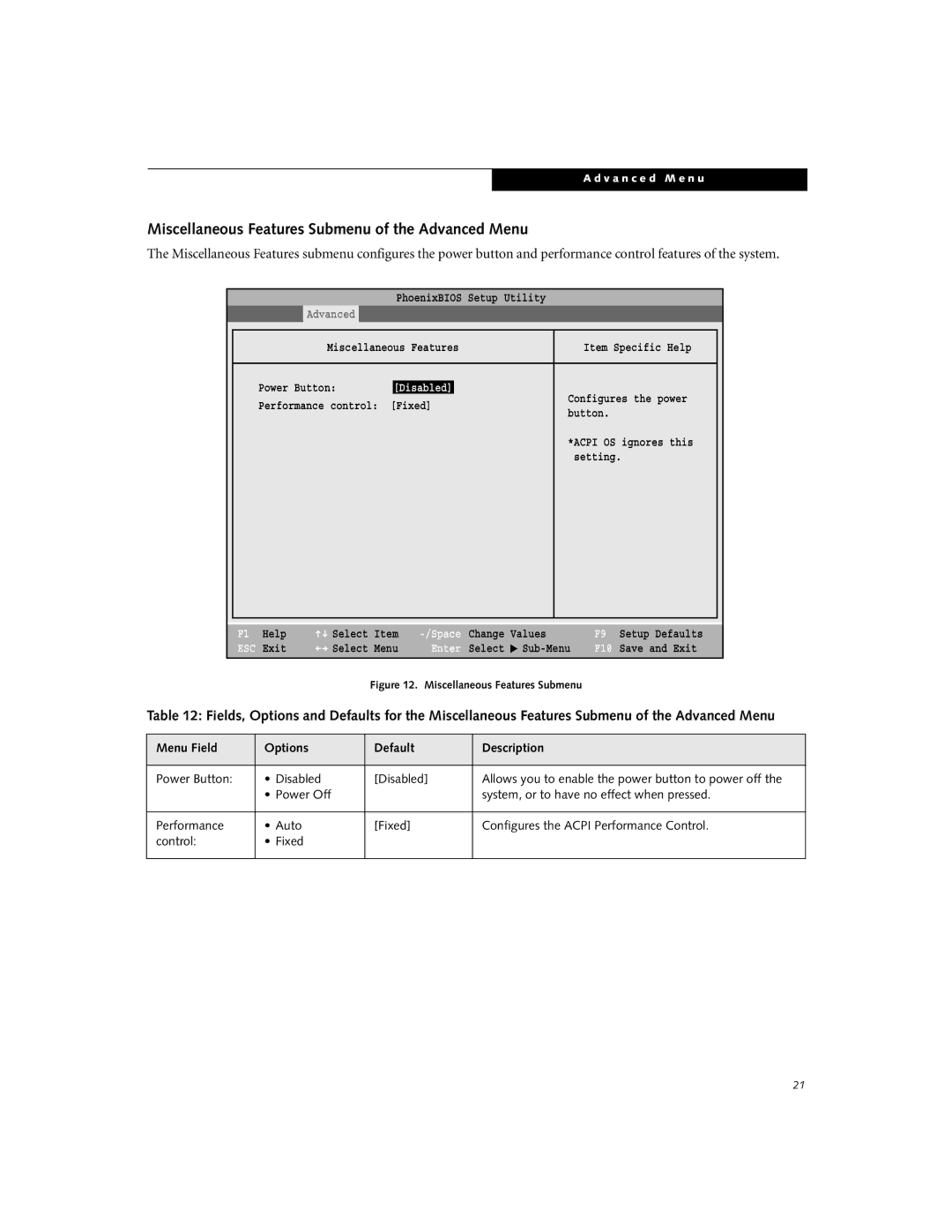 Fujitsu B2630 manual Miscellaneous Features Submenu of the Advanced Menu 