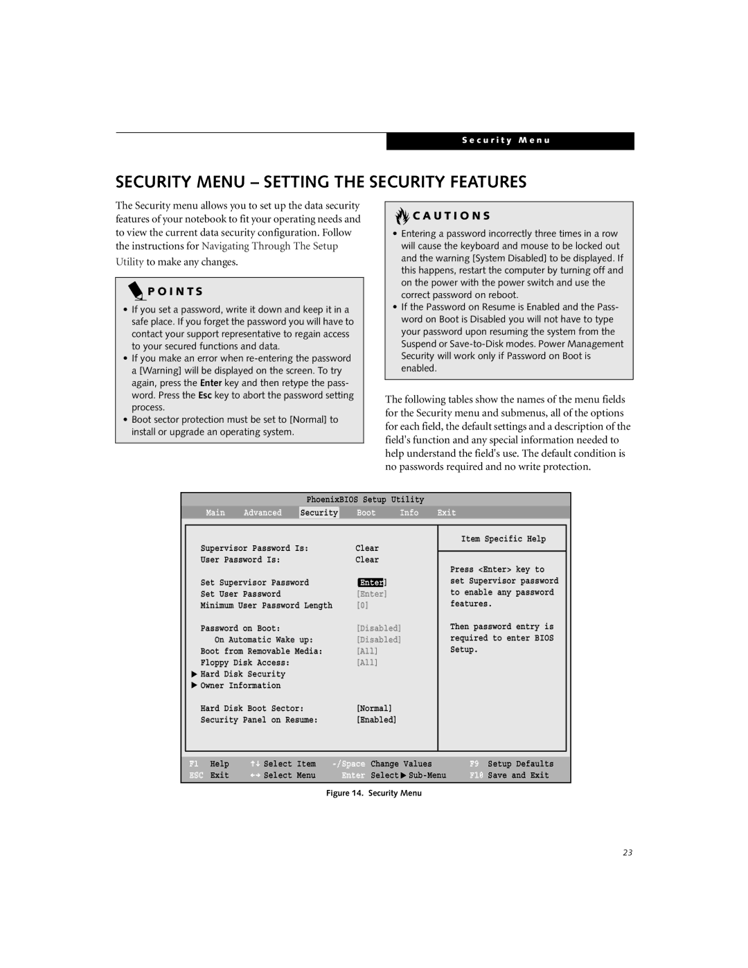 Fujitsu B2630 manual Security Menu Setting the Security Features, U T I O N S, Main Advanced, Boot Info Exit 