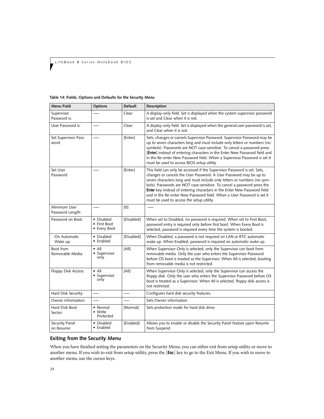 Fujitsu B2630 manual Exiting from the Security Menu, Word 