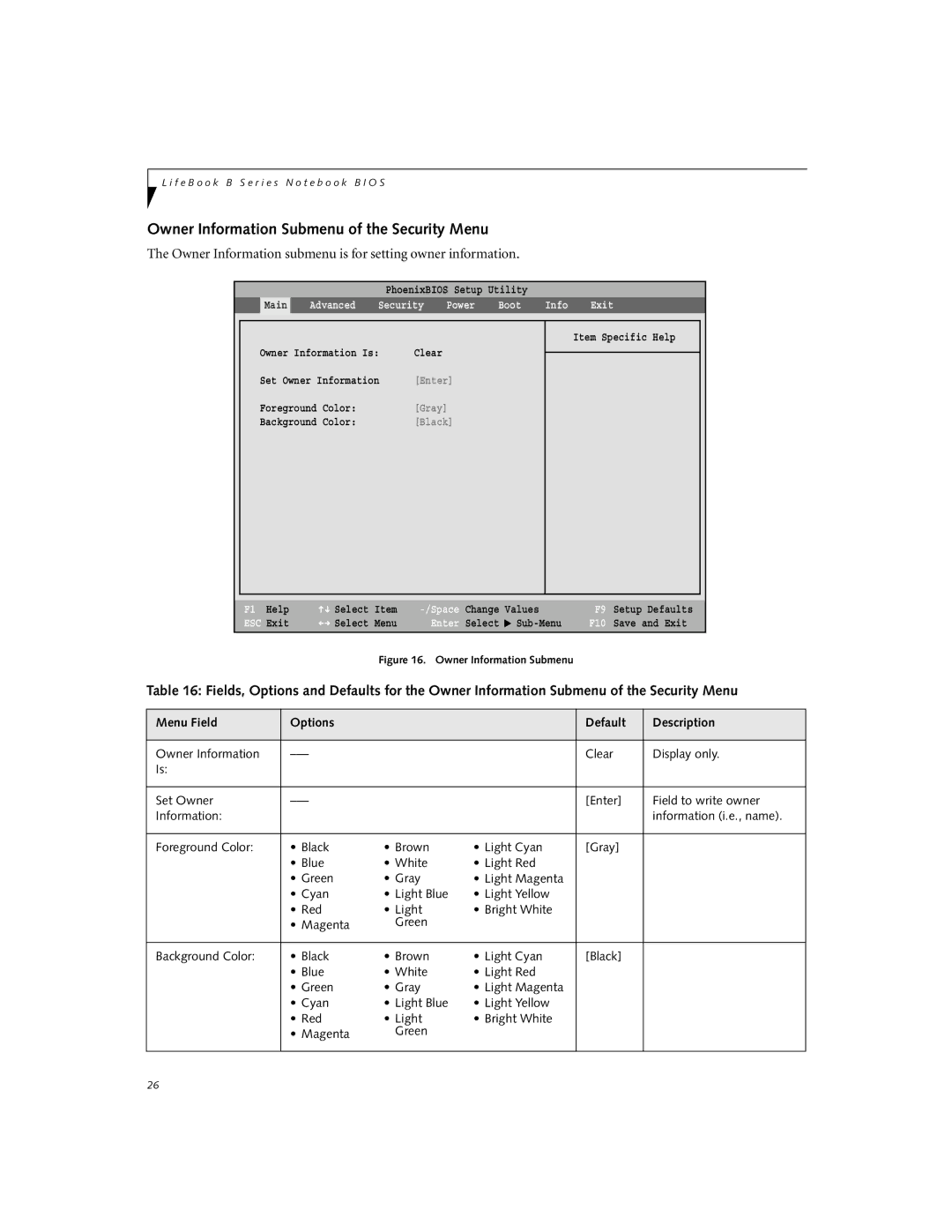 Fujitsu B2630 Owner Information Submenu of the Security Menu, Owner Information submenu is for setting owner information 