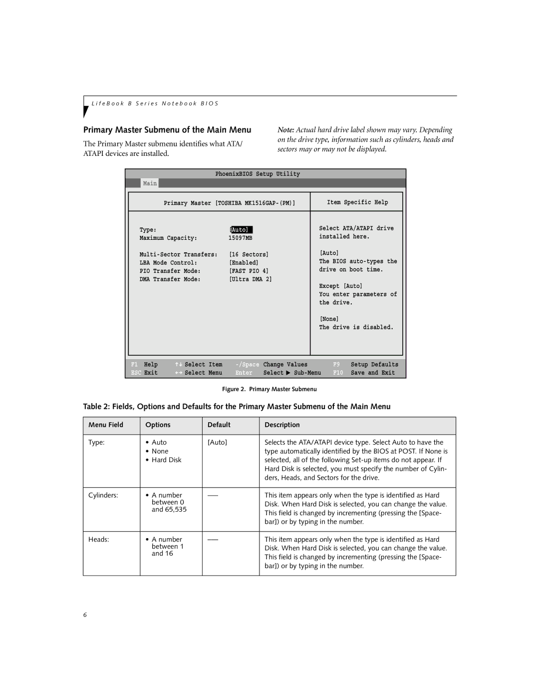 Fujitsu B2630 manual Primary Master Submenu of the Main Menu, Exit 