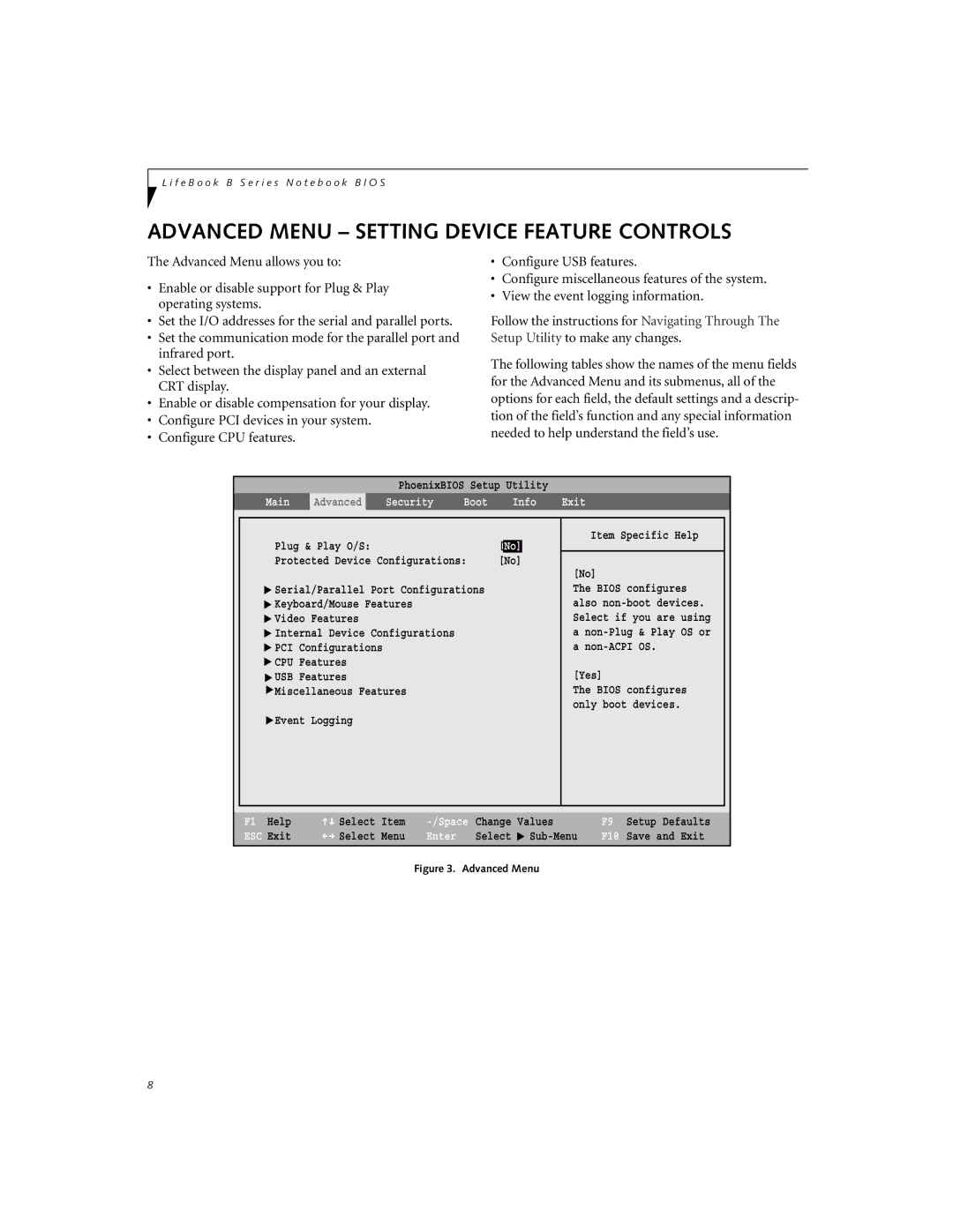 Fujitsu B2630 manual Advanced Menu Setting Device Feature Controls, Main 