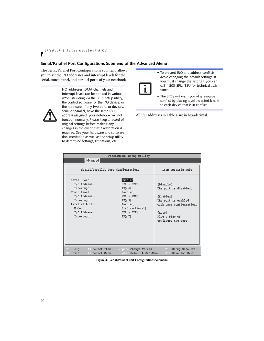 Fujitsu B3000 manual All I/O addresses in are in hexadecimal, Enabled 