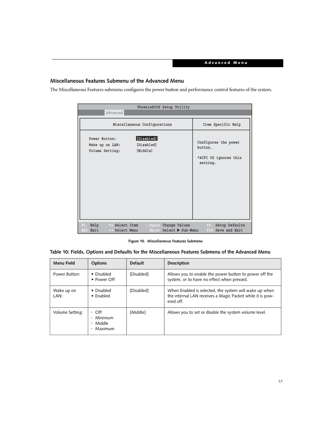 Fujitsu B3000 manual Miscellaneous Features Submenu of the Advanced Menu, Disabled 