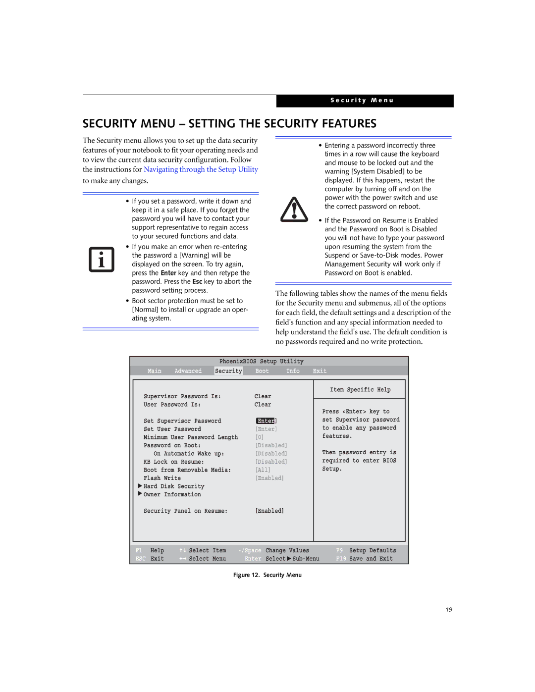 Fujitsu B3000 manual Security Menu Setting the Security Features, Boot Info Exit 