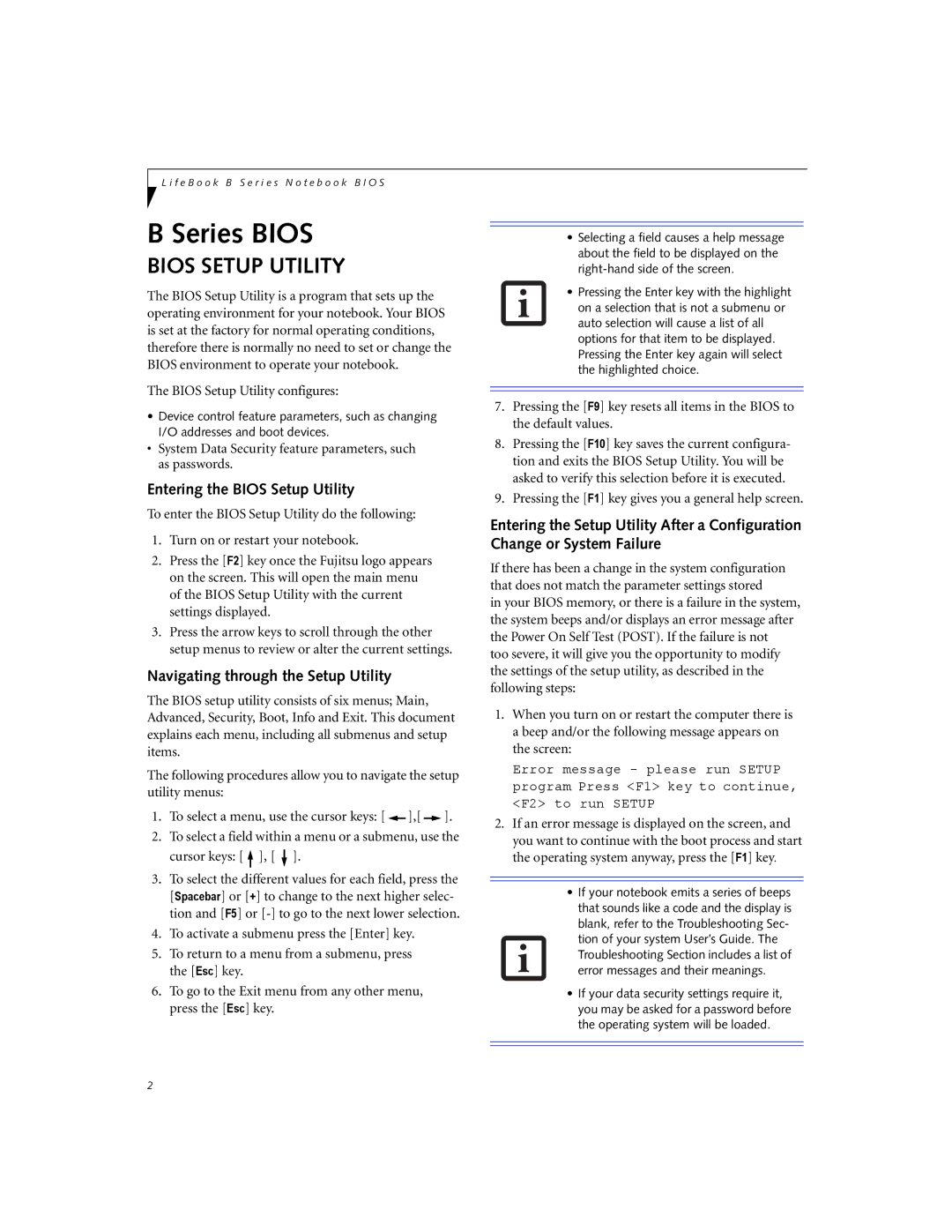 Fujitsu B3000 manual Entering the Bios Setup Utility, Navigating through the Setup Utility 