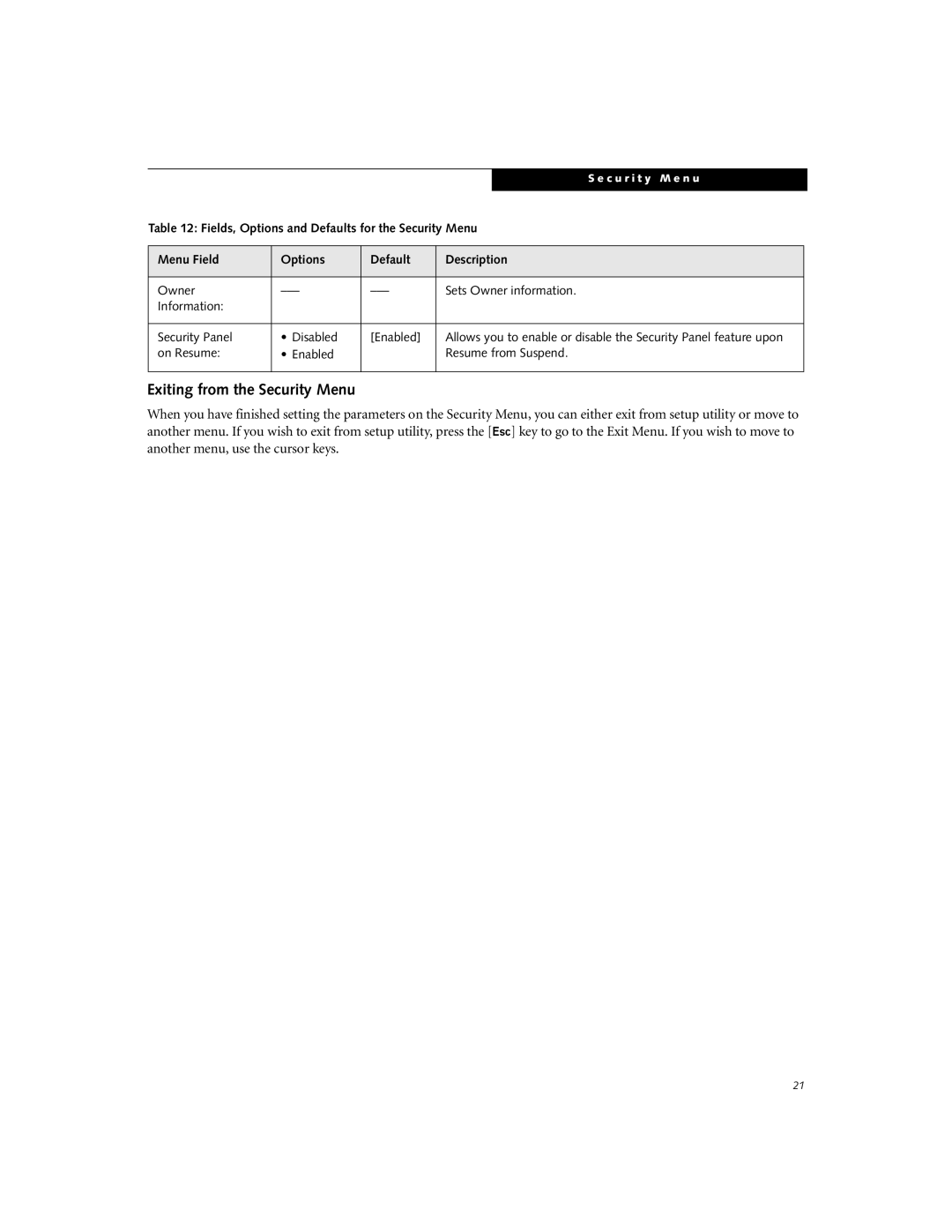 Fujitsu B3000 manual Exiting from the Security Menu, Fields, Options and Defaults for the Security Menu 