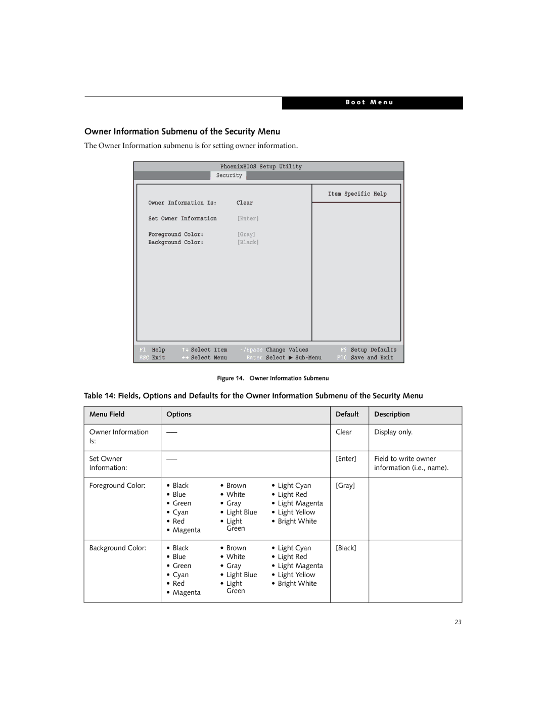 Fujitsu B3000 Owner Information Submenu of the Security Menu, Owner Information submenu is for setting owner information 