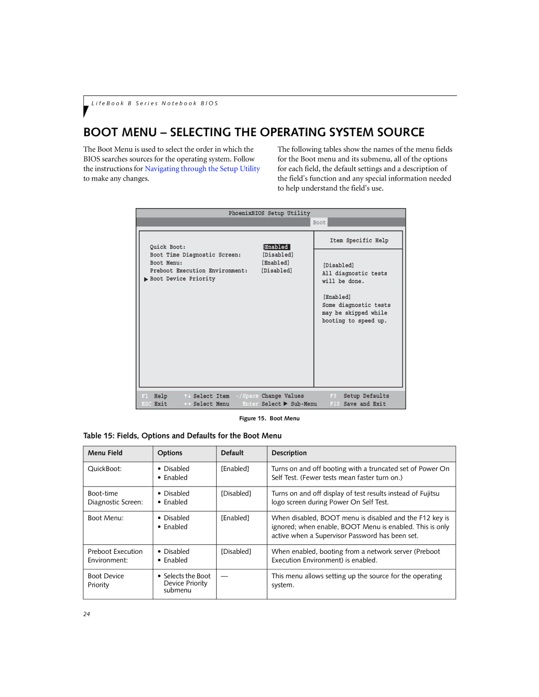 Fujitsu B3000 manual Boot Menu Selecting the Operating System Source, Fields, Options and Defaults for the Boot Menu 