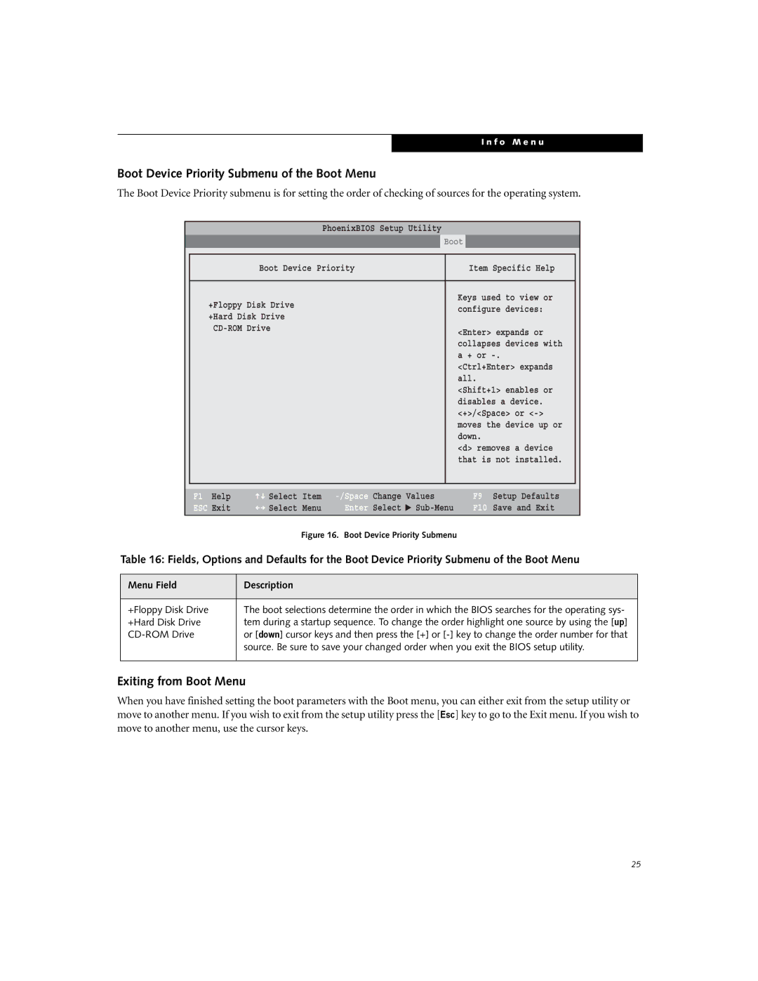 Fujitsu B3000 manual Boot Device Priority Submenu of the Boot Menu, Exiting from Boot Menu 