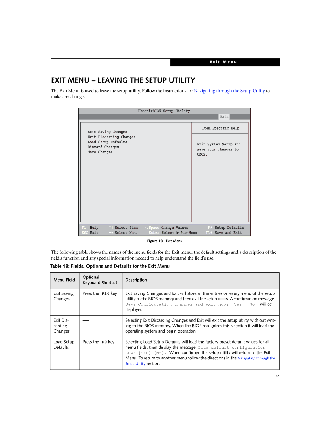 Fujitsu B3000 manual Exit Menu Leaving the Setup Utility, Fields, Options and Defaults for the Exit Menu 