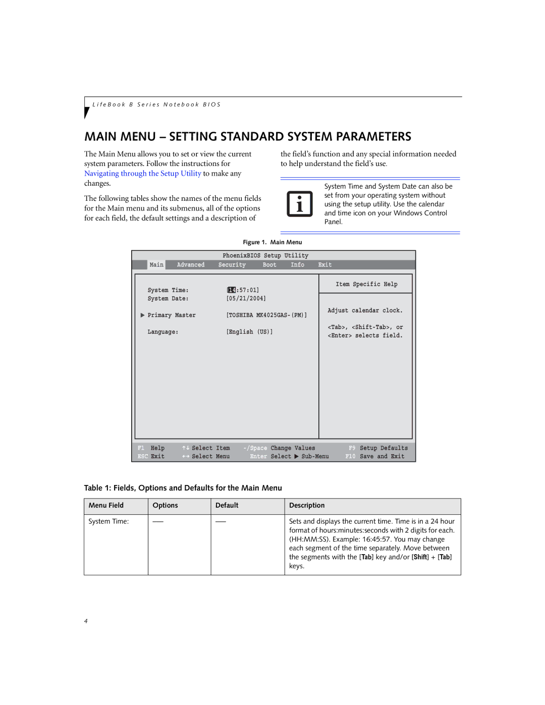 Fujitsu B3000 manual Main Menu Setting Standard System Parameters, Fields, Options and Defaults for the Main Menu 