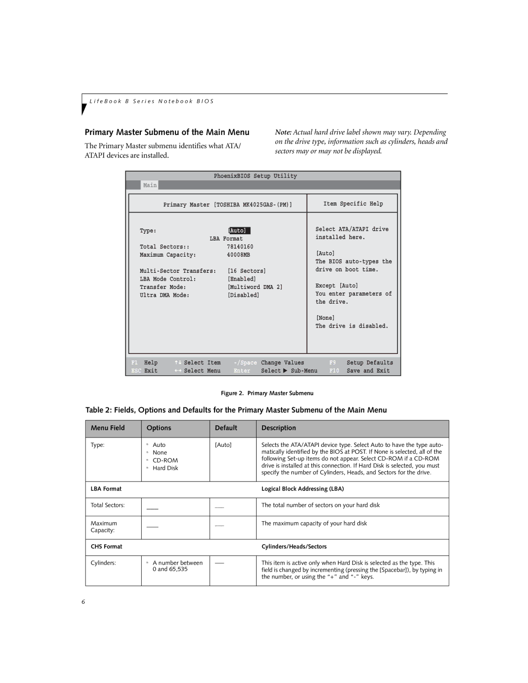 Fujitsu B3000 manual Primary Master Submenu of the Main Menu, Exit 