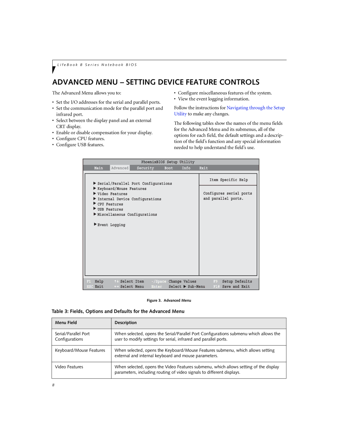 Fujitsu B3000 manual Advanced Menu Setting Device Feature Controls, Fields, Options and Defaults for the Advanced Menu 