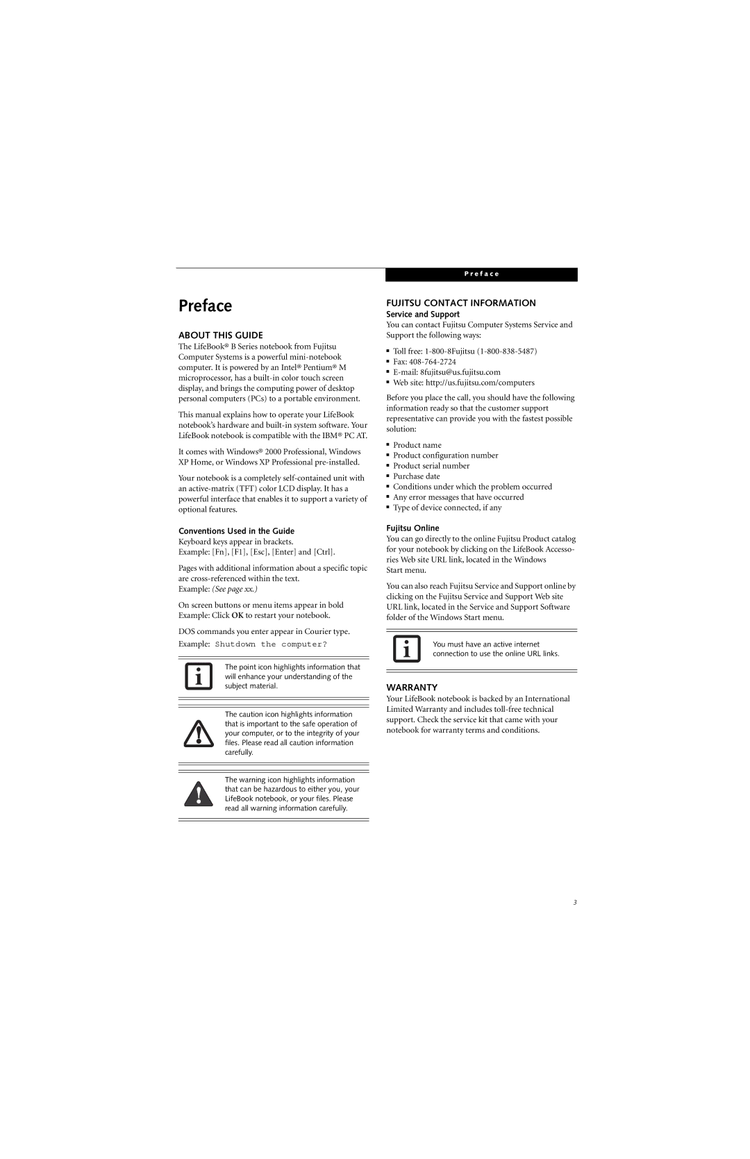 Fujitsu B3020D manual Preface, About this Guide, Fujitsu Contact Information, Warranty 