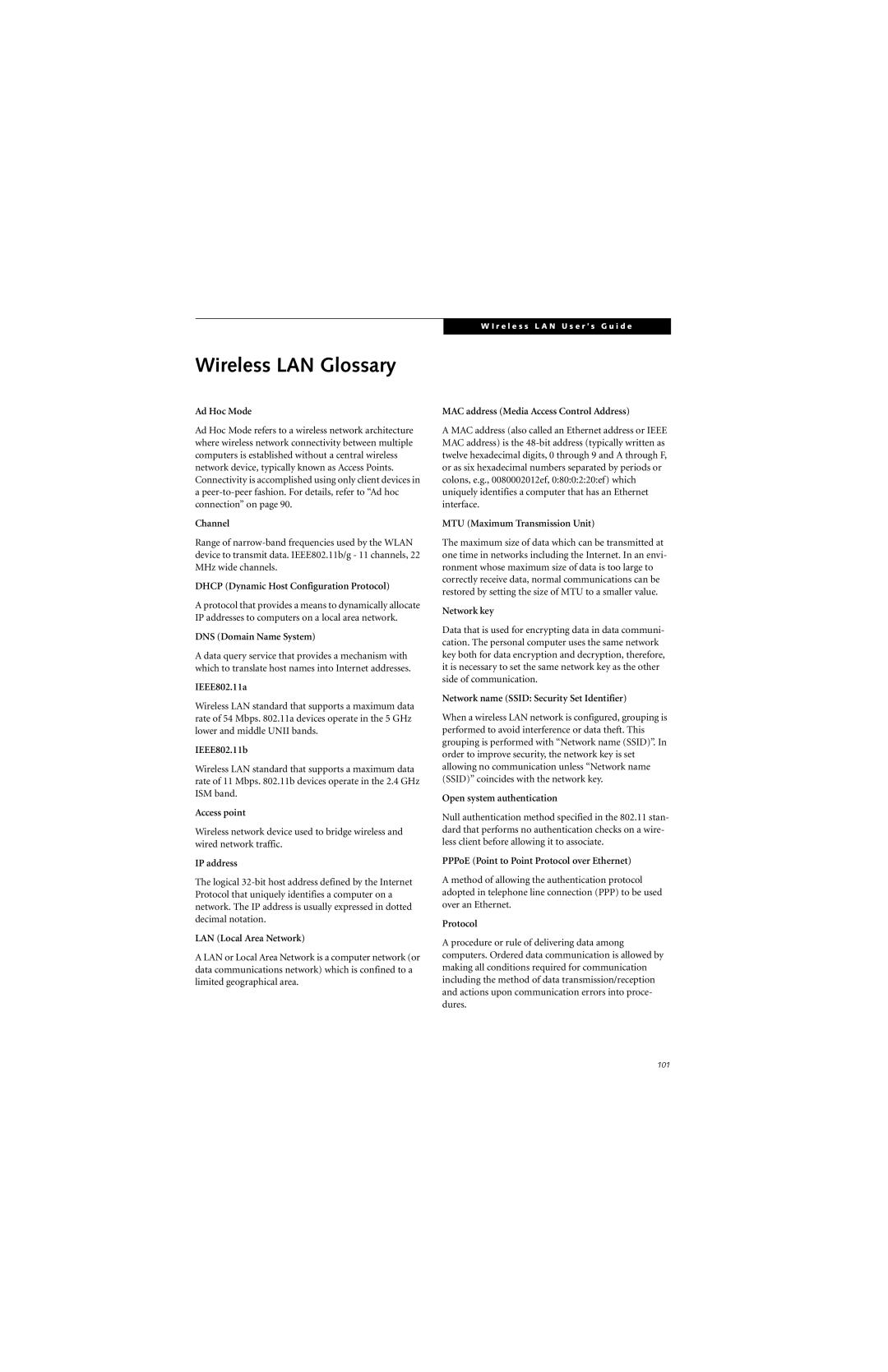 Fujitsu B3020D manual Wireless LAN Glossary 