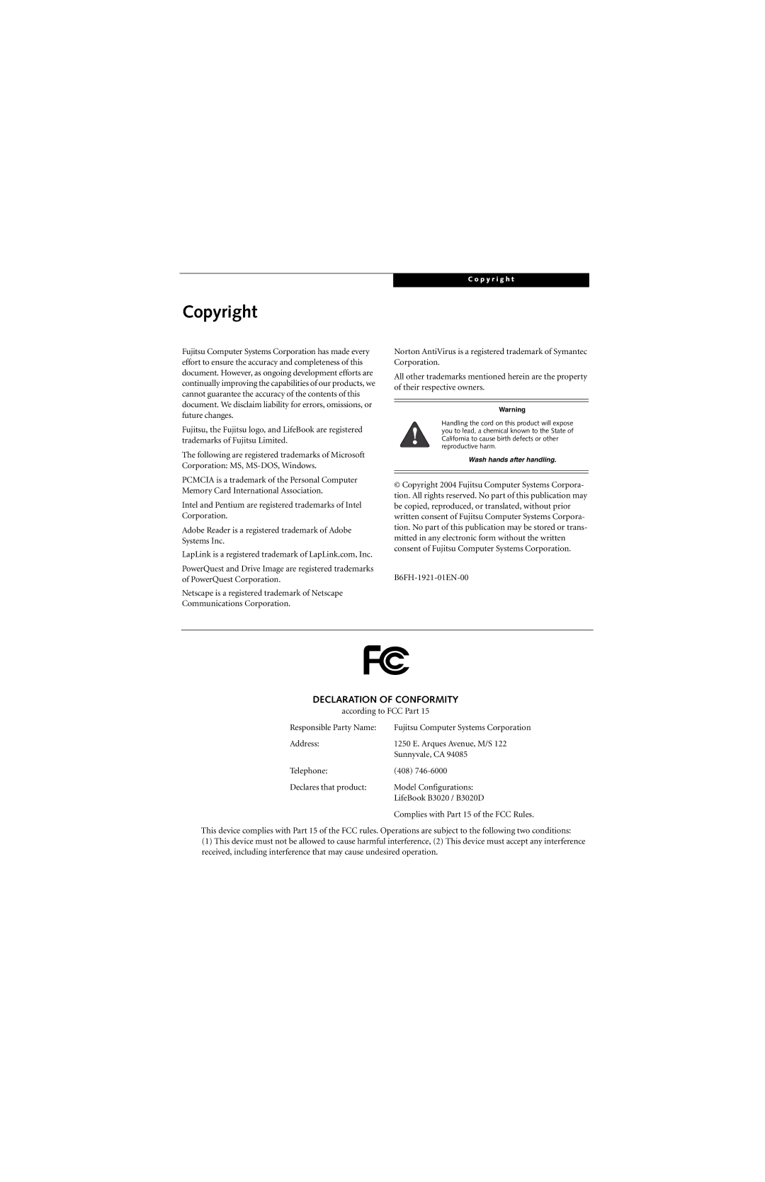 Fujitsu B3020D manual Copyright, Declaration of Conformity 