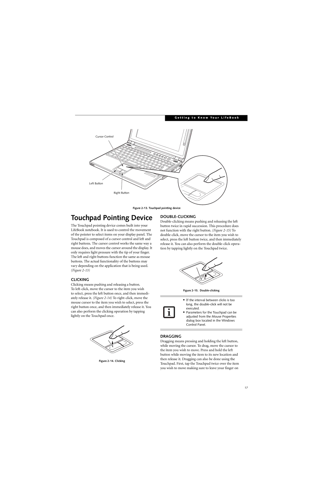 Fujitsu B3020D manual Double-Clicking, Dragging 