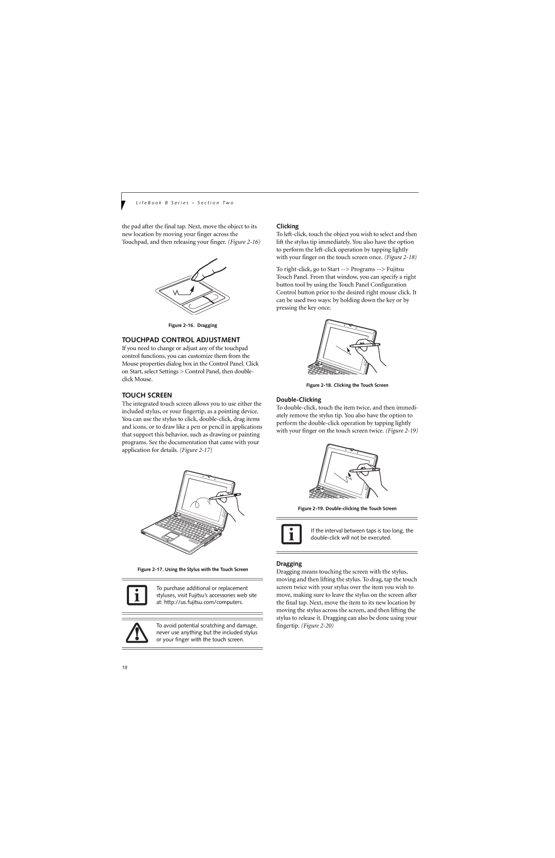 Fujitsu B3020D manual Touchpad Control Adjustment, Touch Screen, Double-Clicking, Dragging 