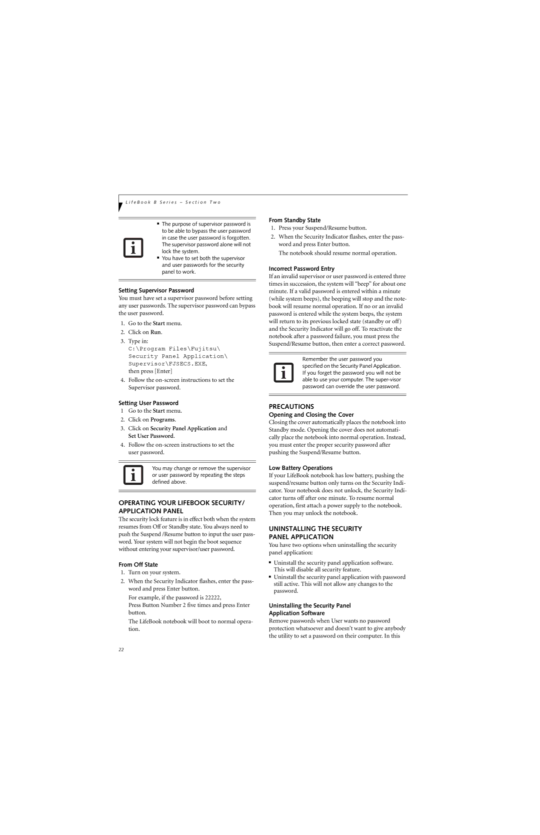 Fujitsu B3020D manual Operating Your Lifebook SECURITY/ Application Panel, Precautions 