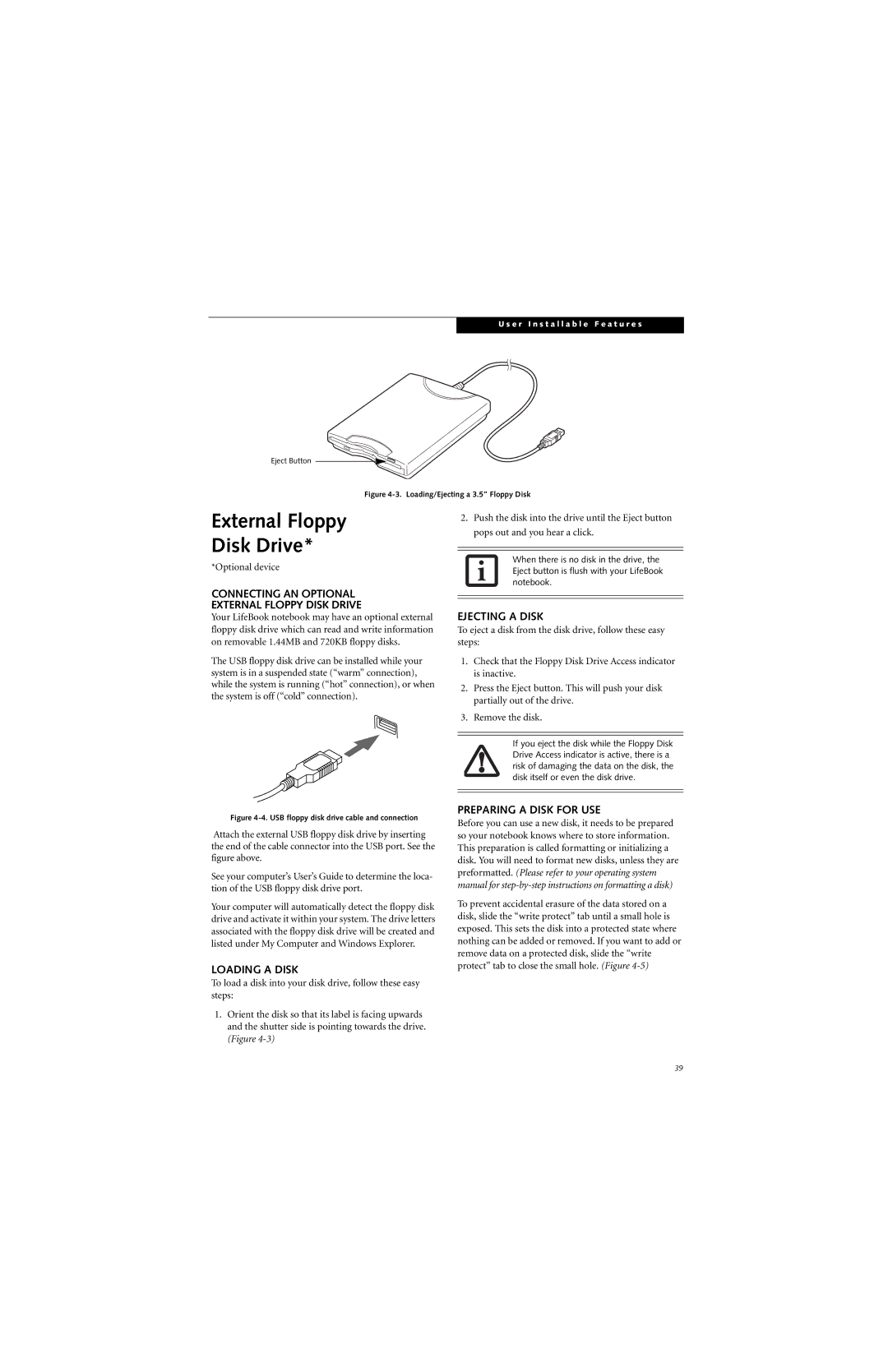 Fujitsu B3020D manual Connecting AN Optional External Floppy Disk Drive, Loading a Disk, Ejecting a Disk 