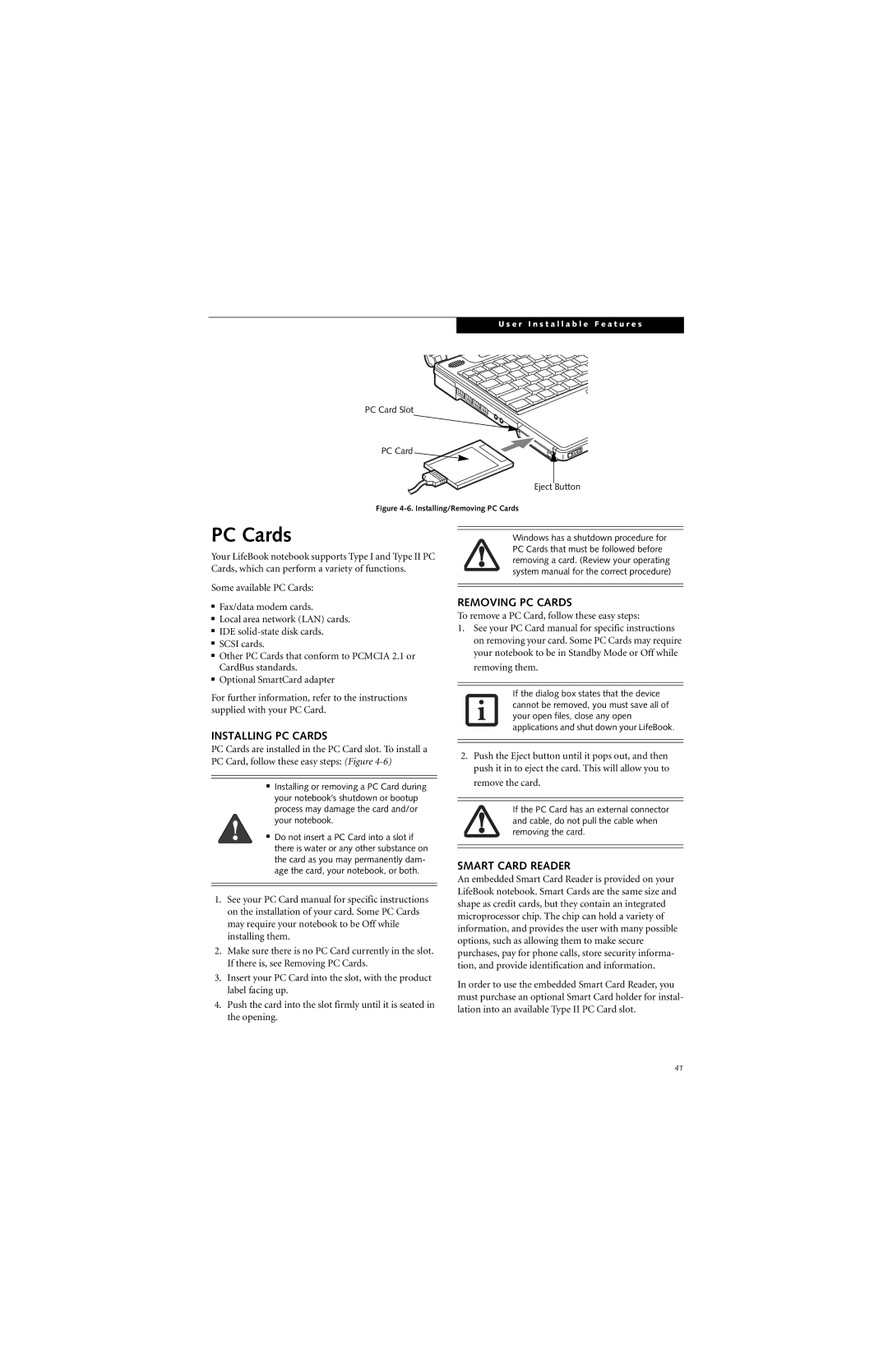 Fujitsu B3020D manual Installing PC Cards, Removing PC Cards, Smart Card Reader 