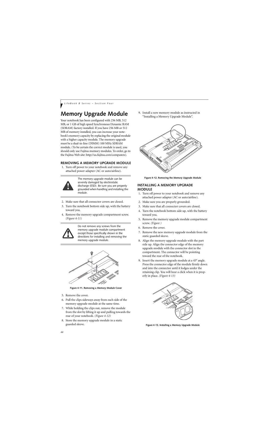 Fujitsu B3020D manual Removing a Memory Upgrade Module, Installing a Memory Upgrade Module 