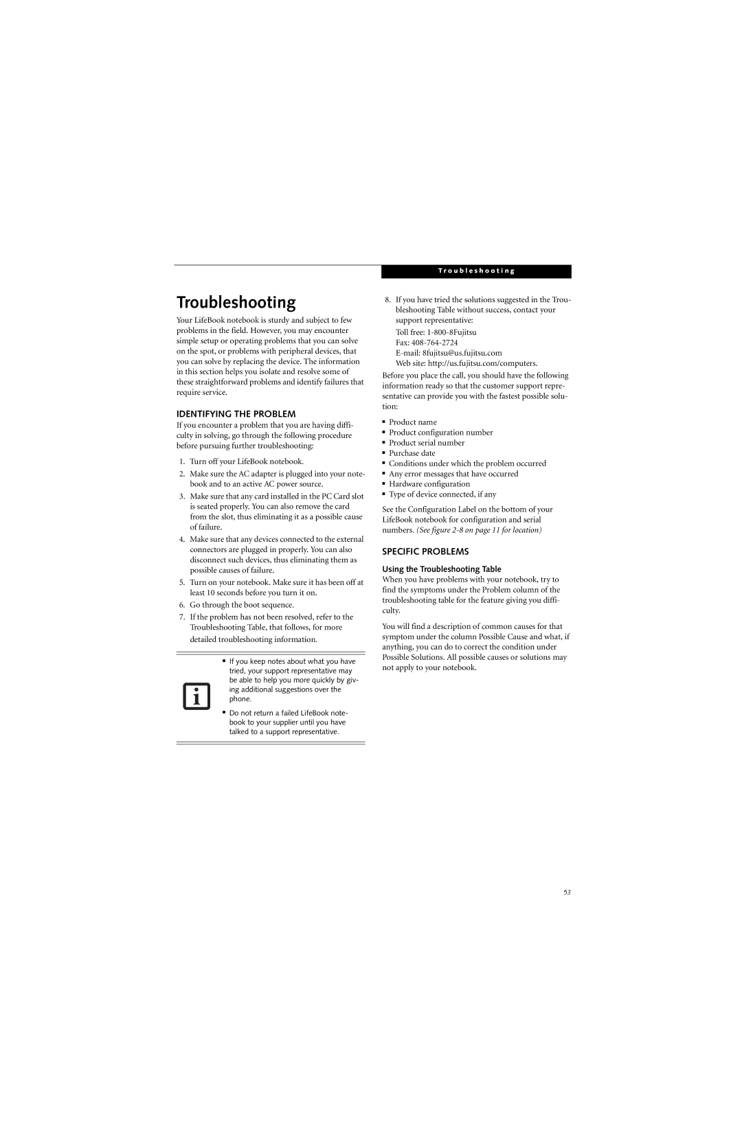 Fujitsu B3020D manual Identifying the Problem, Specific Problems, Using the Troubleshooting Table 