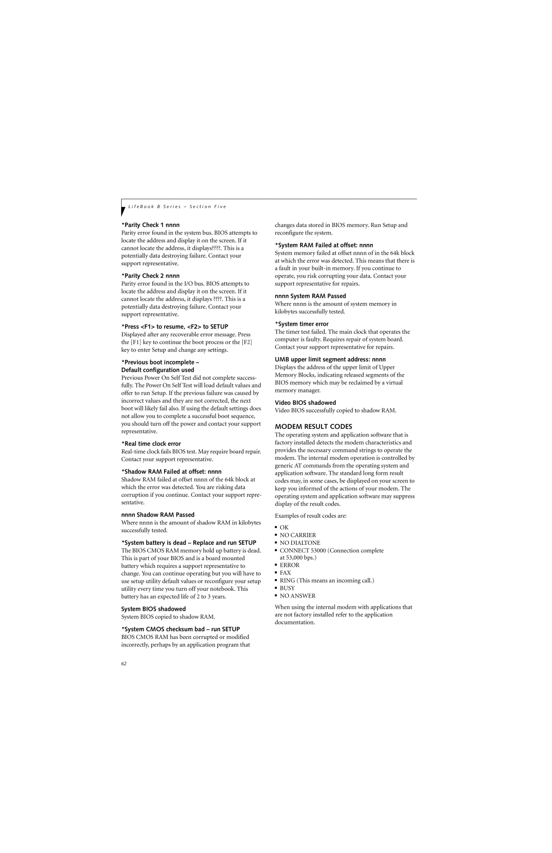 Fujitsu B3020D manual Modem Result Codes 