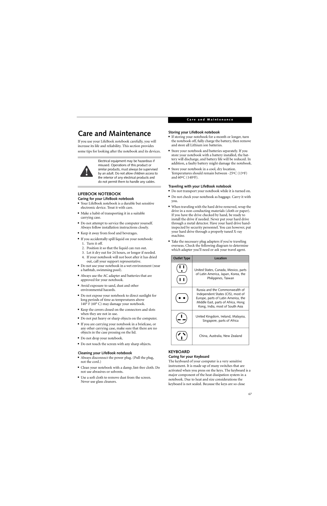 Fujitsu B3020D manual Care and Maintenance, Lifebook Notebook, Keyboard 