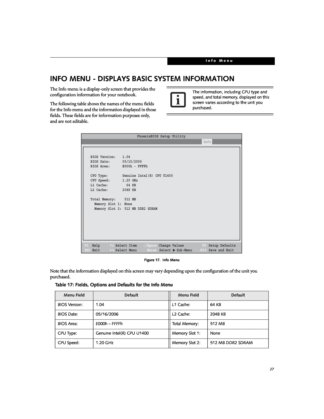 Fujitsu B6210 manual Info Menu - Displays Basic System Information, Fields, Options and Defaults for the Info Menu 