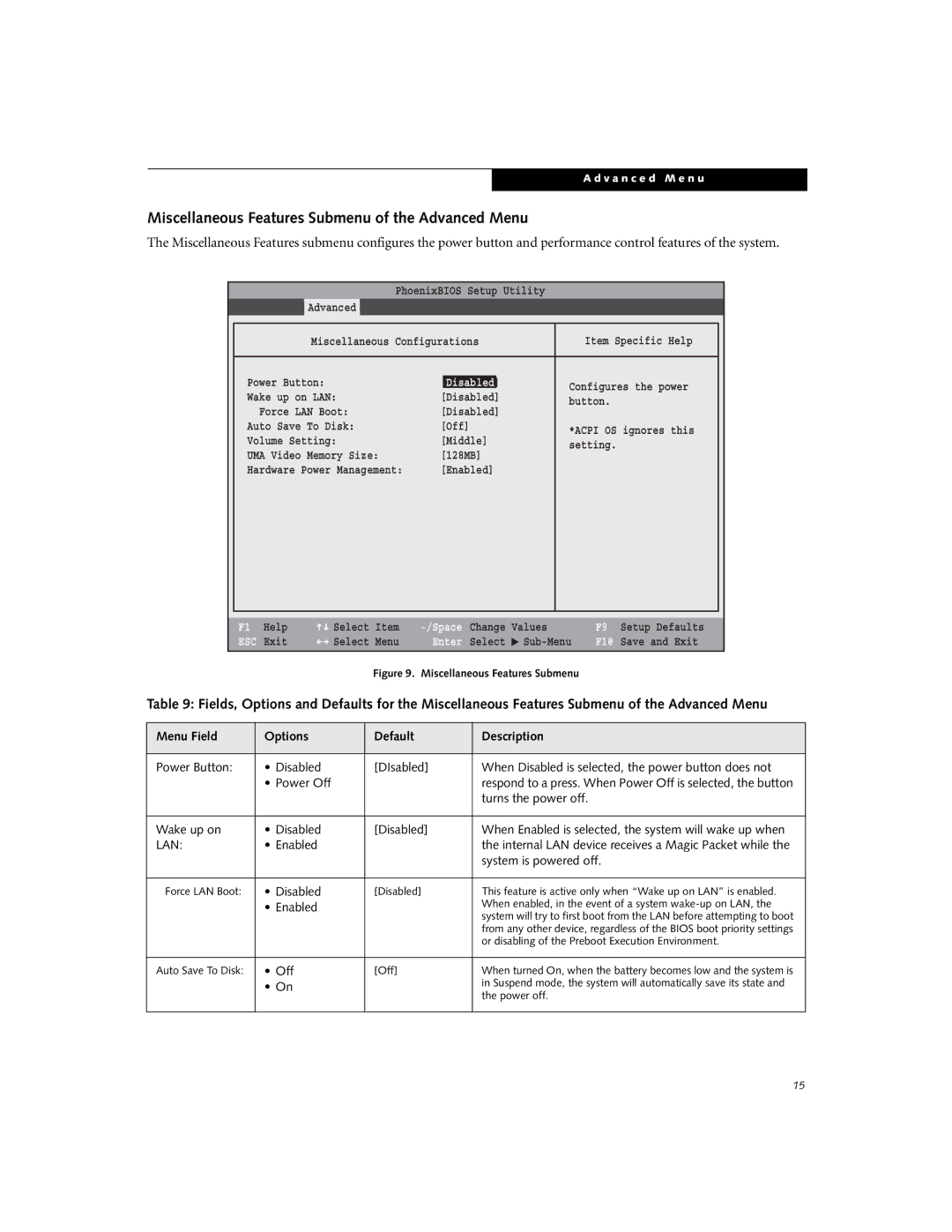 Fujitsu B6210 manual Miscellaneous Features Submenu of the Advanced Menu, Disabled 