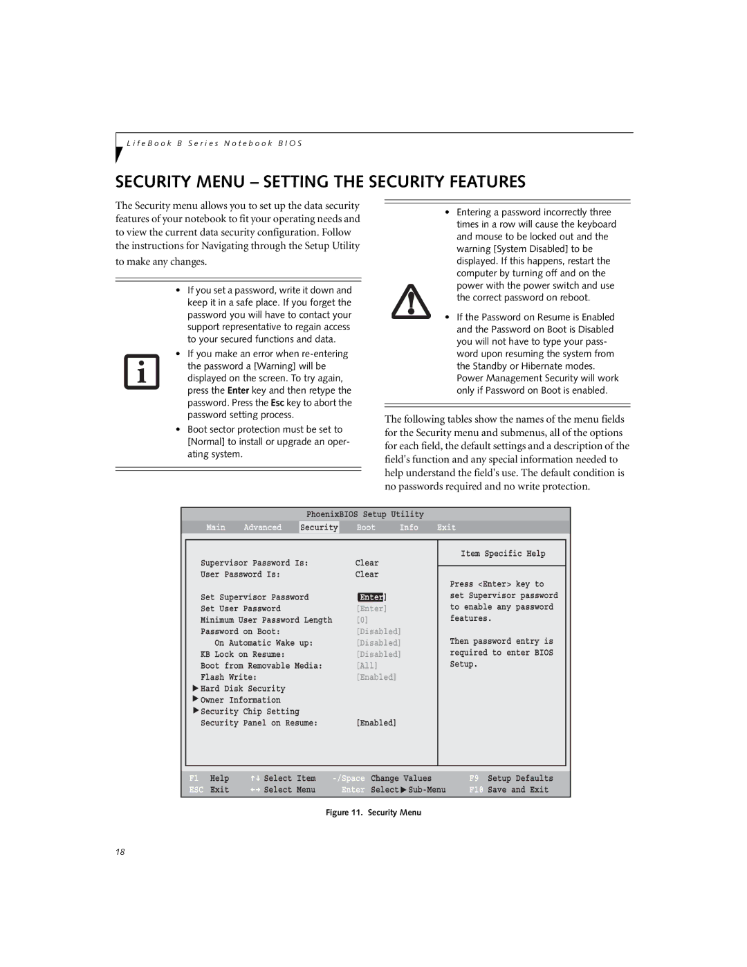 Fujitsu B6210 manual Security Menu Setting the Security Features, Boot Info Exit 