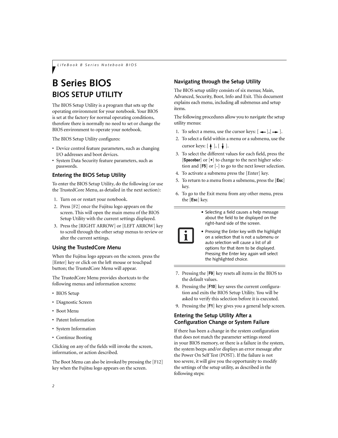 Fujitsu B6210 manual Entering the Bios Setup Utility, Using the TrustedCore Menu, Navigating through the Setup Utility 