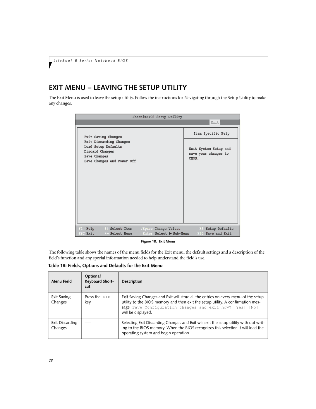 Fujitsu B6210 Exit Menu Leaving the Setup Utility, Fields, Options and Defaults for the Exit Menu, Optional Menu Field 