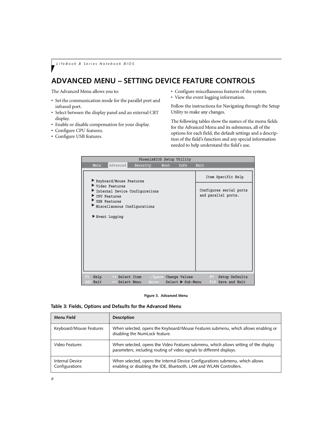 Fujitsu B6210 manual Advanced Menu Setting Device Feature Controls, Fields, Options and Defaults for the Advanced Menu 