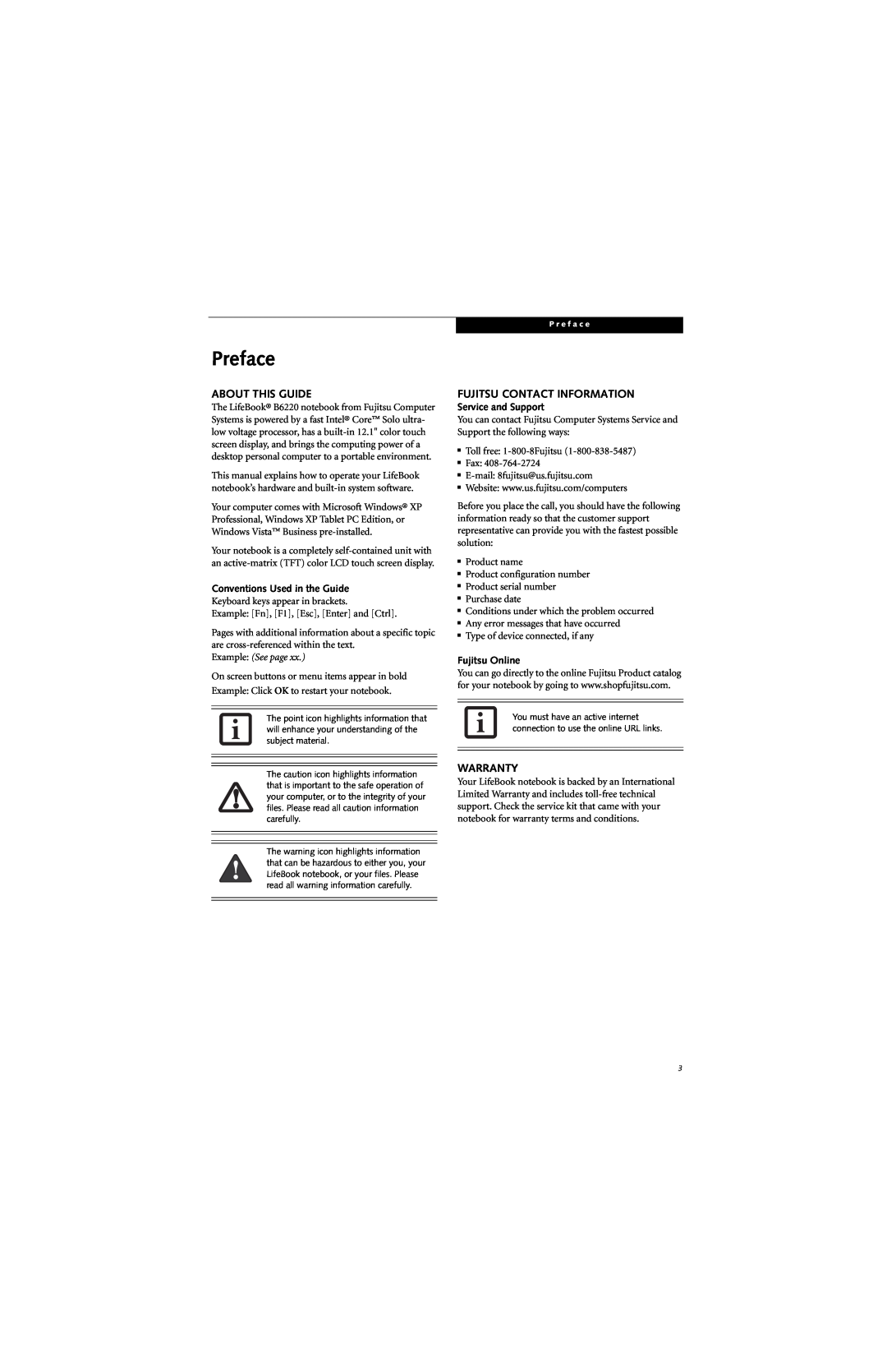 Fujitsu B6220 manual Preface, About This Guide, Fujitsu Contact Information, Warranty, Conventions Used in the Guide 