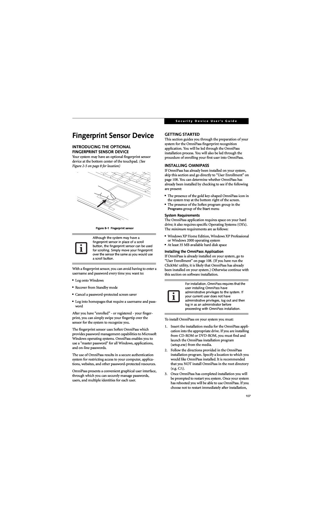 Fujitsu B6220 manual Introducing The Optional Fingerprint Sensor Device, Getting Started, Installing Omnipass 