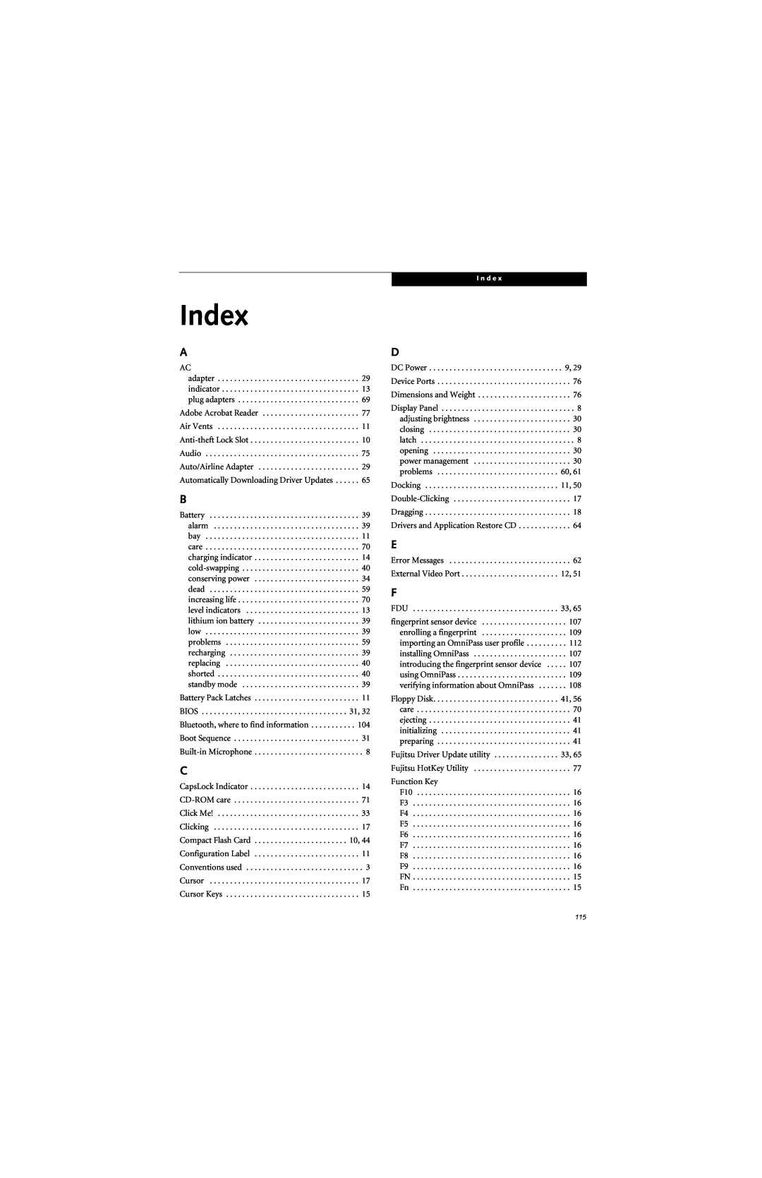 Fujitsu B6220 manual Index 