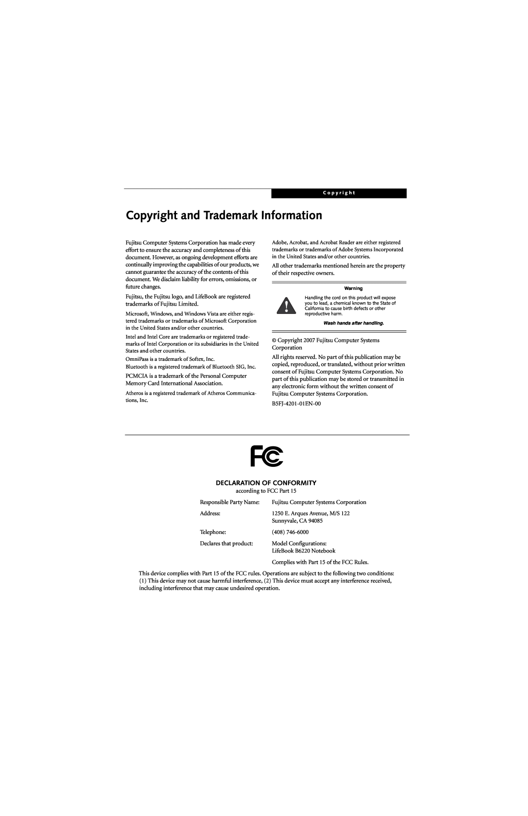Fujitsu B6220 manual Copyright and Trademark Information, Declaration Of Conformity 