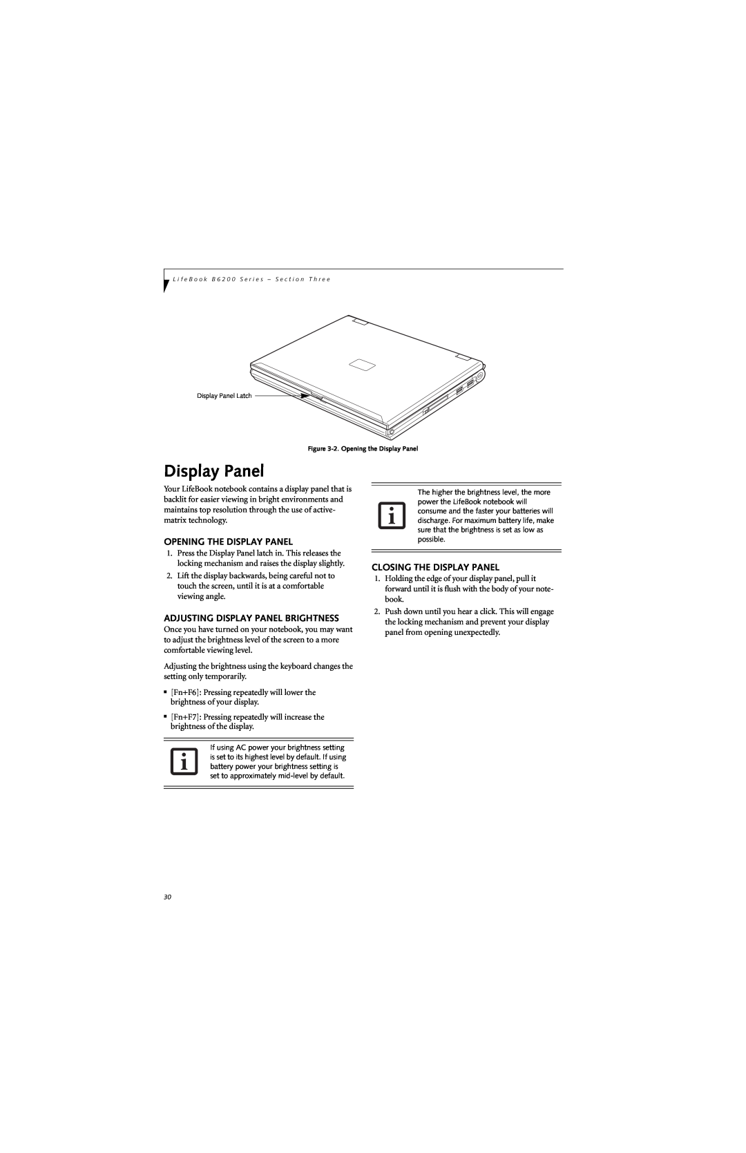 Fujitsu B6220 manual Opening The Display Panel, Adjusting Display Panel Brightness, Closing The Display Panel 