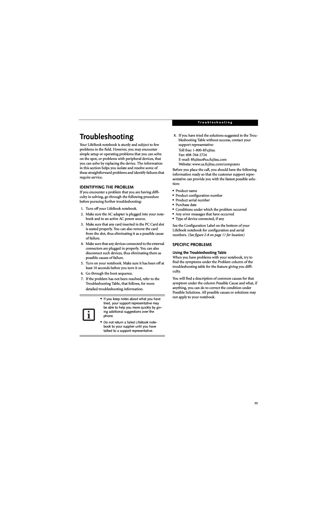 Fujitsu B6220 manual Identifying The Problem, Specific Problems, Using the Troubleshooting Table 