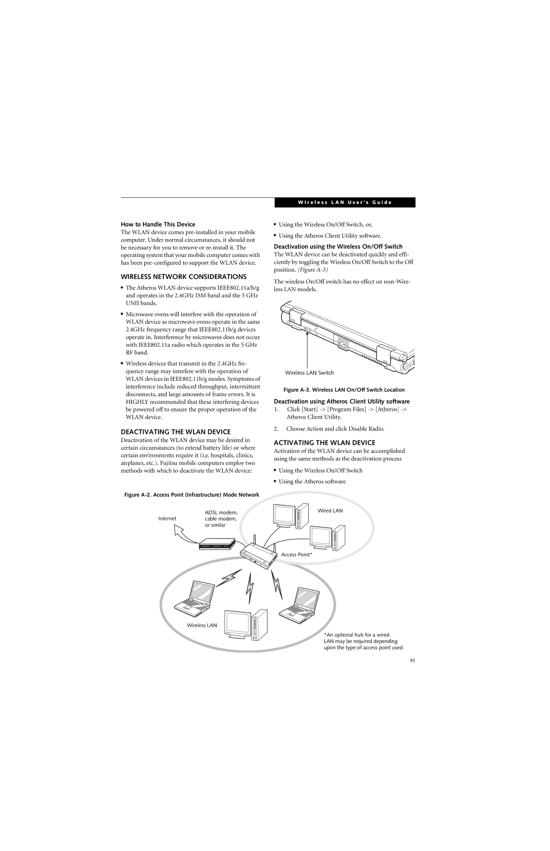 Fujitsu B6220 manual Wireless Network Considerations, Deactivating the Wlan Device, Activating the Wlan Device 