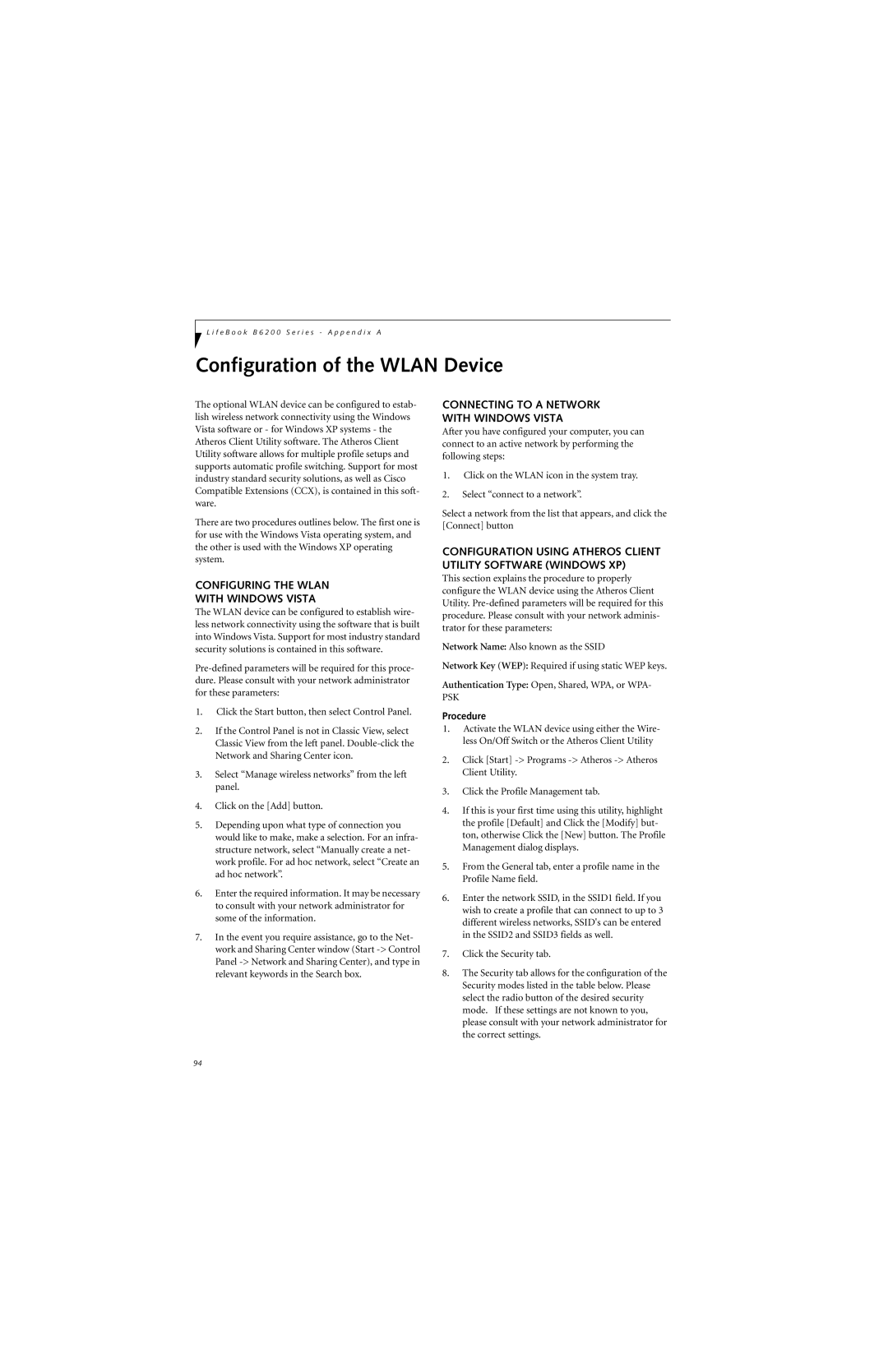 Fujitsu B6220 manual Configuration of the Wlan Device, Configuring the Wlan With Windows Vista, Procedure 