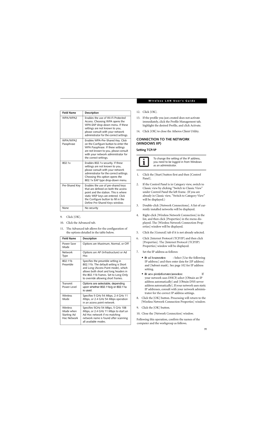 Fujitsu B6220 manual Connection to the Network Windows XP, Setting TCP/IP 